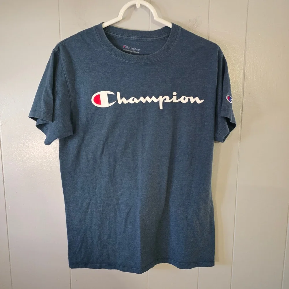 Champion Script Logo T-Shirt Mens Small Blue Good Short Sleeve Athletic Tee - Picture 1 of 6